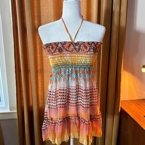 Vtg 00s Blu Heaven Women Smocked Halter Mini Dress Orange Blue Eclectic Print